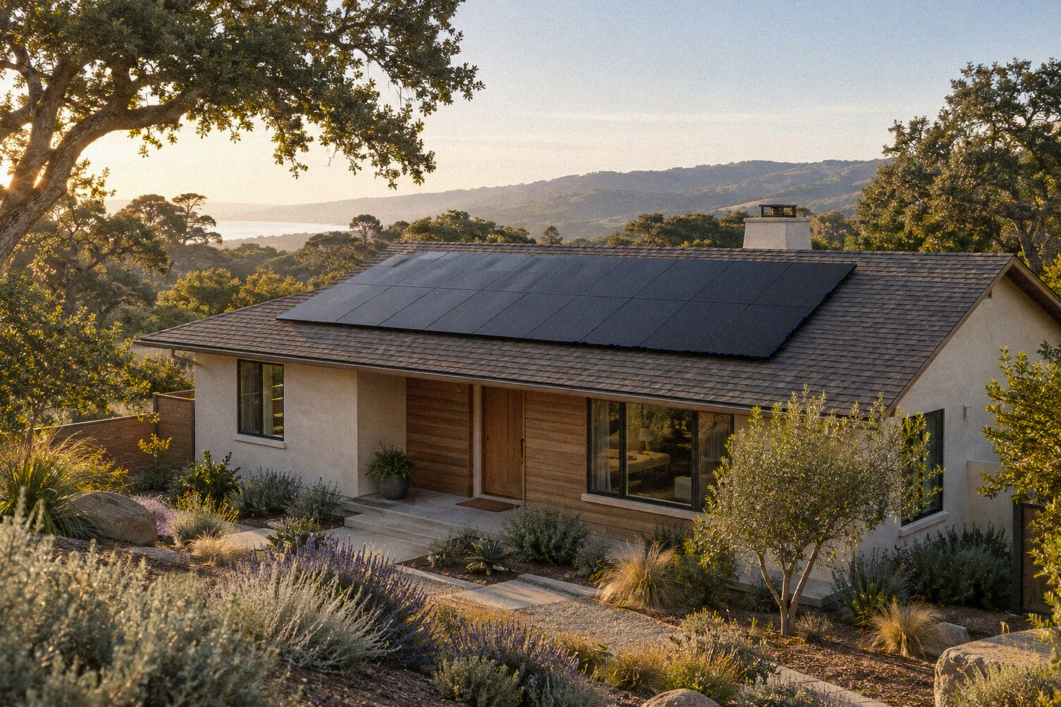 Illustration of a California home with conventional solar panels mounted above its roof.