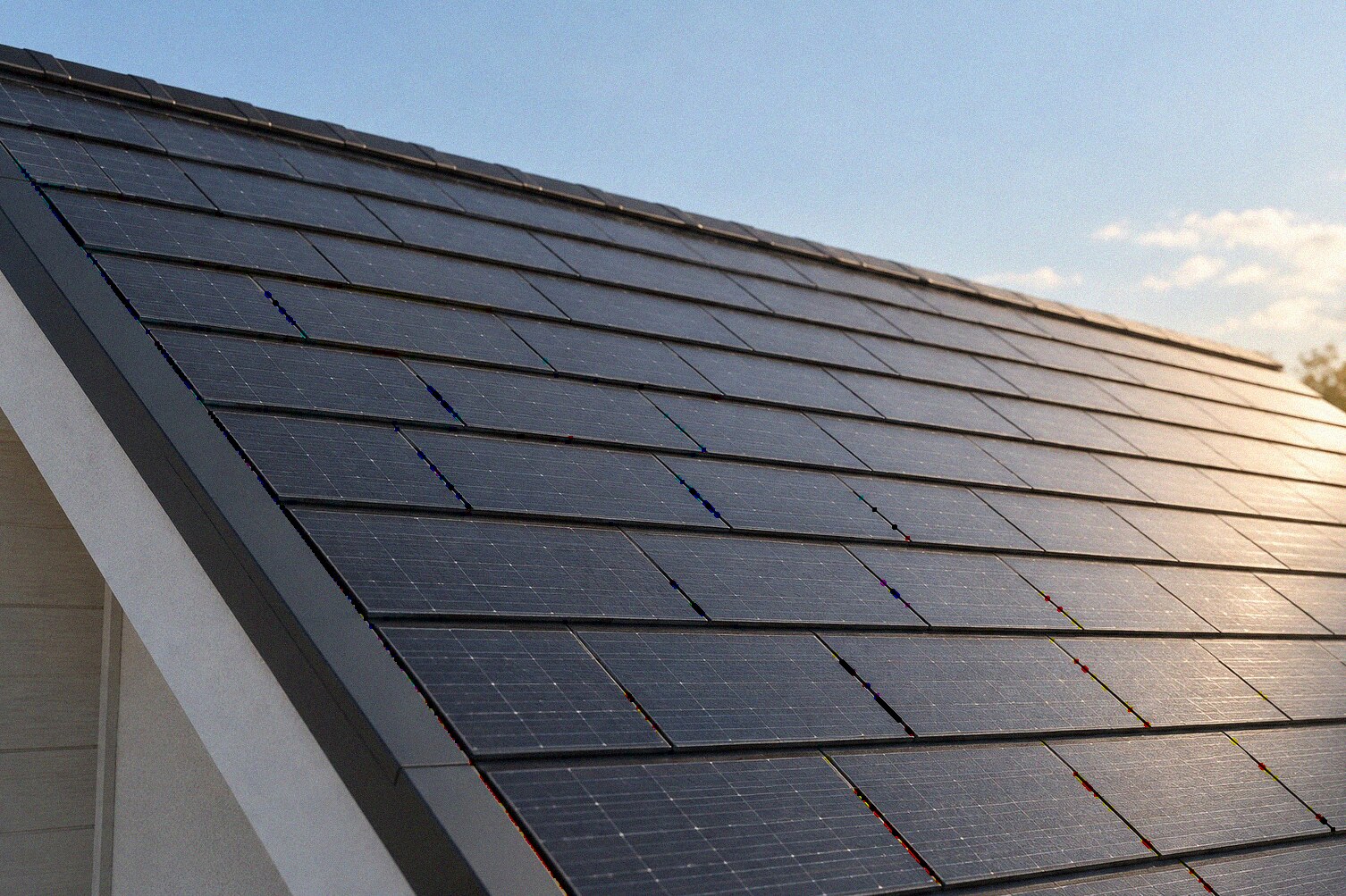 Illustration of integrated photovoltaic roof shingles.